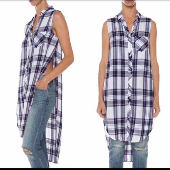 Rails Long Boho Plaid Tunic Top High Low Blue Size Small - Picture 6 of 13